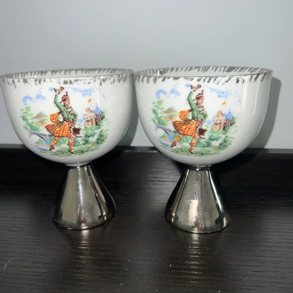 vintage Scottish Dancer porcelain footed cup artist signed 1968